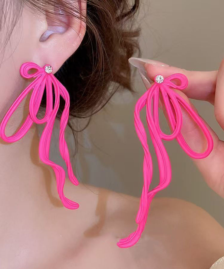 Unique Pink Alloy Zircon Bow Drop Earrings