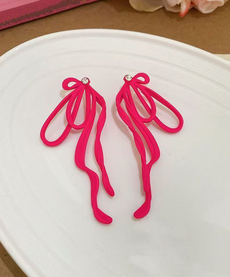Unique Pink Alloy Zircon Bow Drop Earrings