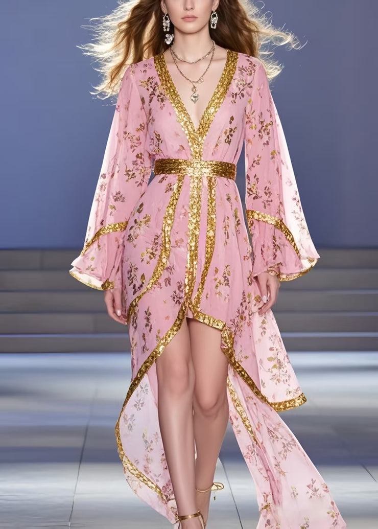 Unique Pink Asymmetrical Print Chiffon Tunic Dress Summer