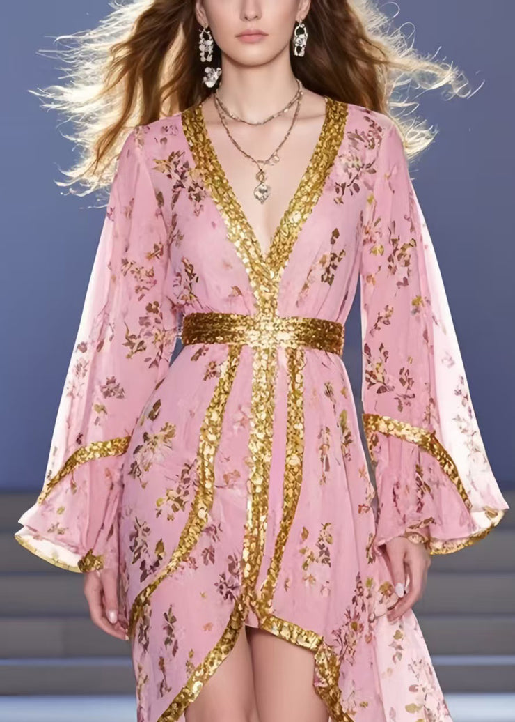 Unique Pink Asymmetrical Print Chiffon Tunic Dress Summer