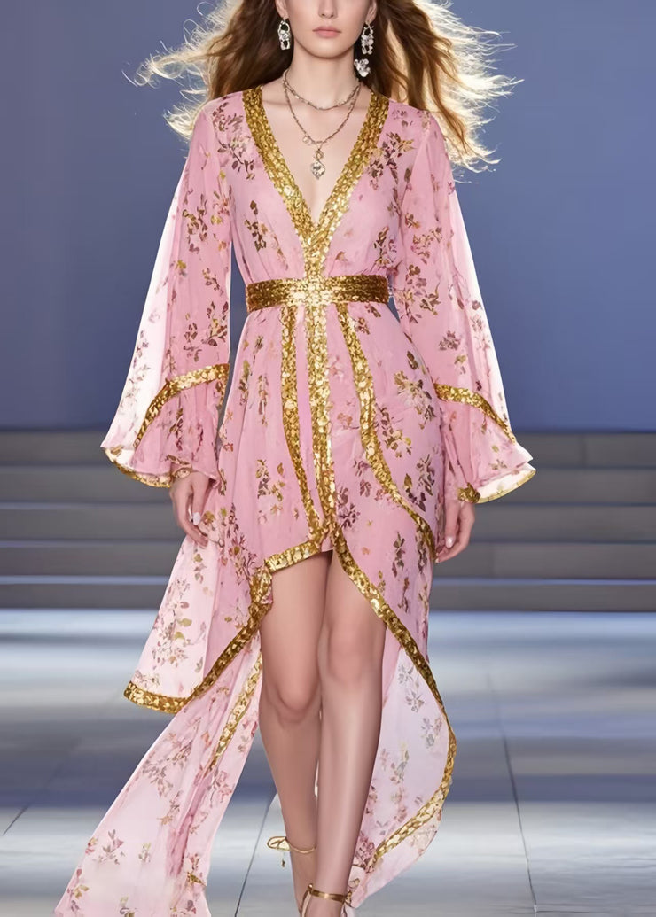 Unique Pink Asymmetrical Print Chiffon Tunic Dress Summer