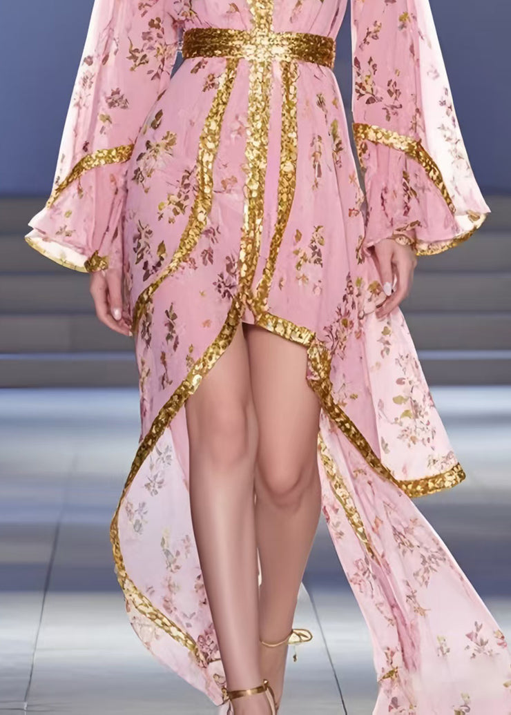 Unique Pink Asymmetrical Print Chiffon Tunic Dress Summer