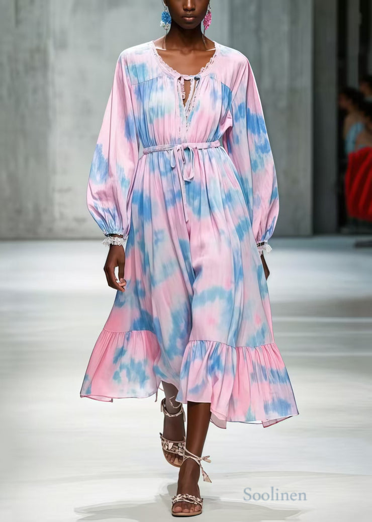 Unique Pink Cinched Tie Dye Chiffon Long Dresses Spring