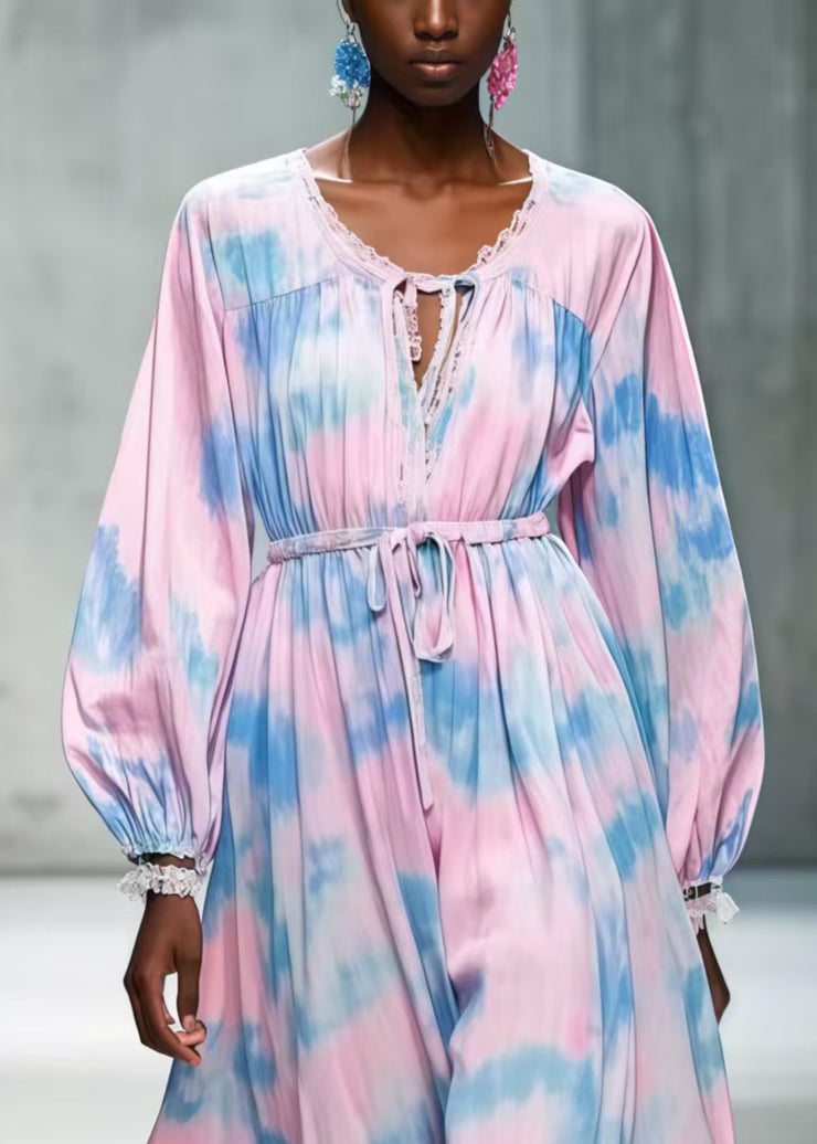 Unique Pink Cinched Tie Dye Chiffon Long Dresses Spring