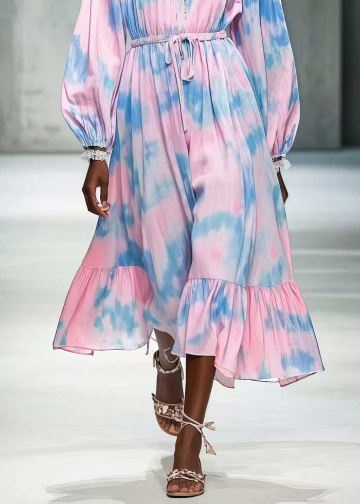Unique Pink Cinched Tie Dye Chiffon Long Dresses Spring