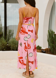 Unique Pink Print Backless Long Spaghetti Strap Dress Sleeveless