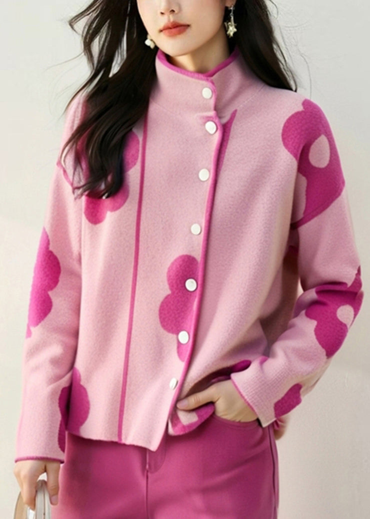 Unique Pink Stand Collar Print Cotton Knit Cardigans Fall