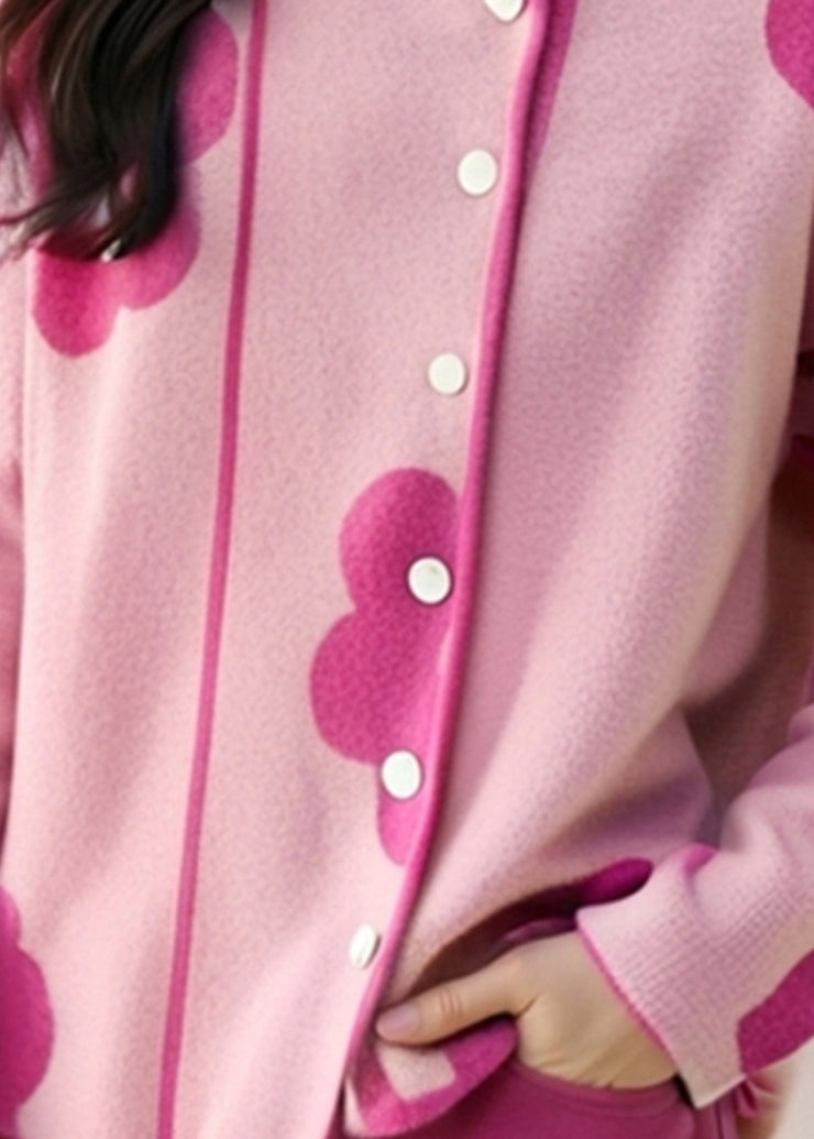 Unique Pink Stand Collar Print Cotton Knit Cardigans Fall