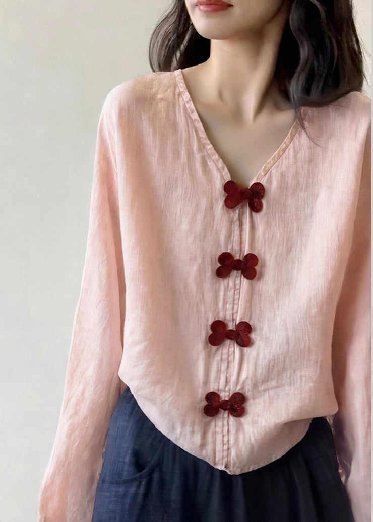 Unique Pink V Neck Bow Cotton Blouse Tops Spring