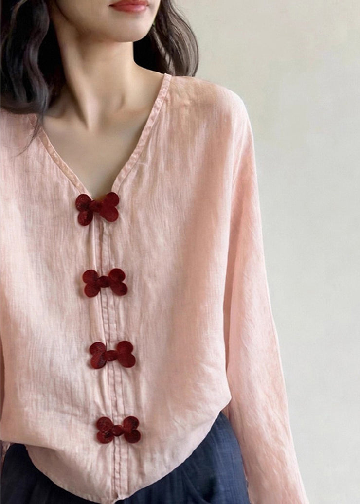 Unique Pink V Neck Bow Cotton Blouse Tops Spring