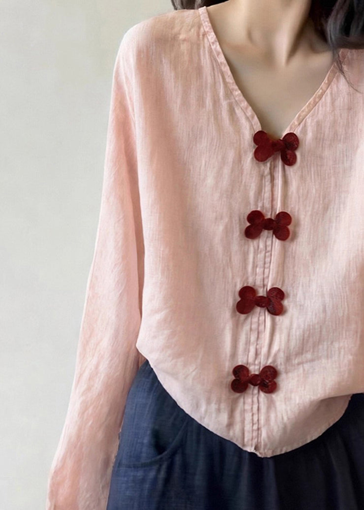 Unique Pink V Neck Bow Cotton Blouse Tops Spring