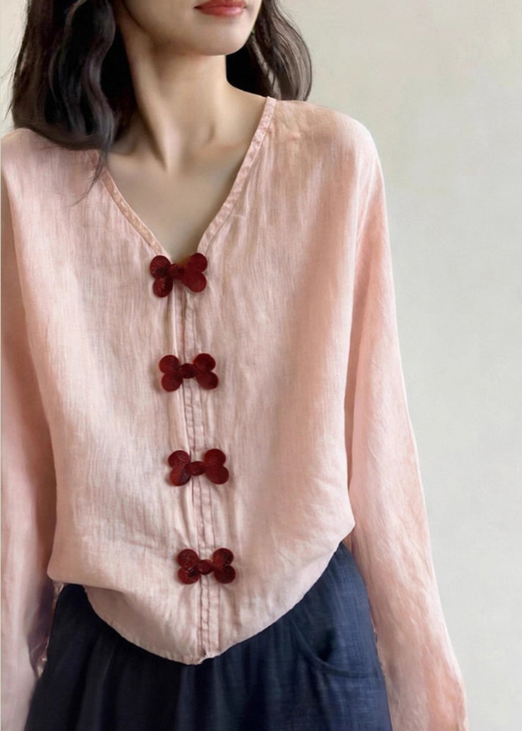Unique Pink V Neck Bow Cotton Blouse Tops Spring