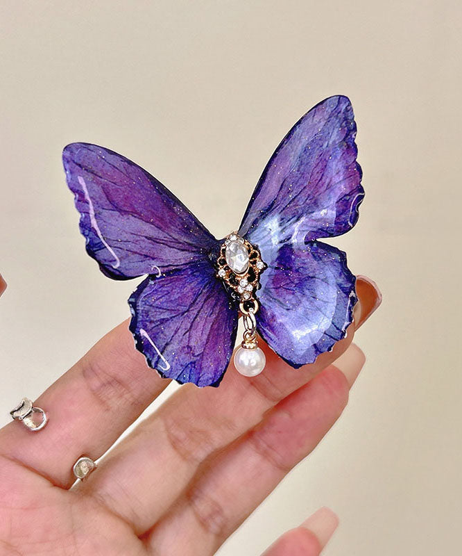 Unique Purple Alloy Zircon Butterfly Pearl Tassel Hairpin