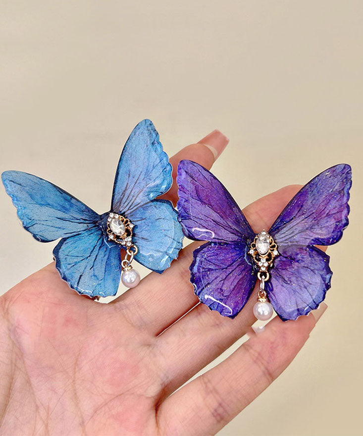 Unique Purple Alloy Zircon Butterfly Pearl Tassel Hairpin