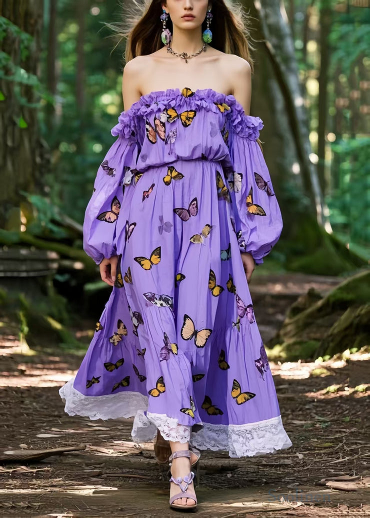 Unique Purple Backless Butterfly Print Cotton Party Dress Spring
