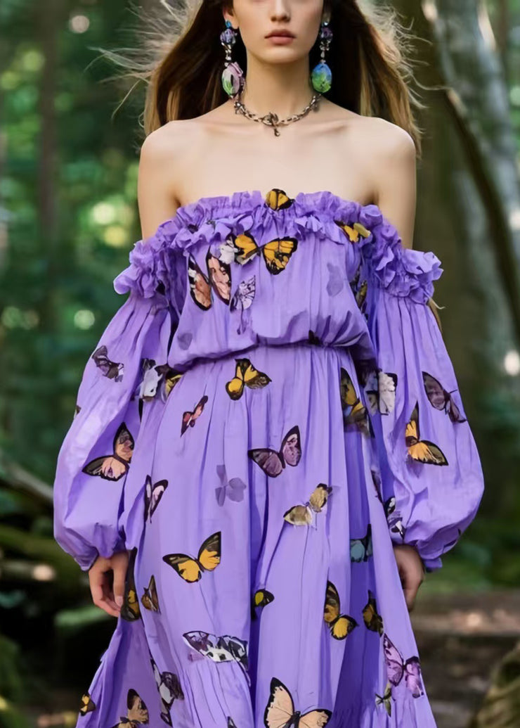 Unique Purple Backless Butterfly Print Cotton Party Dress Spring