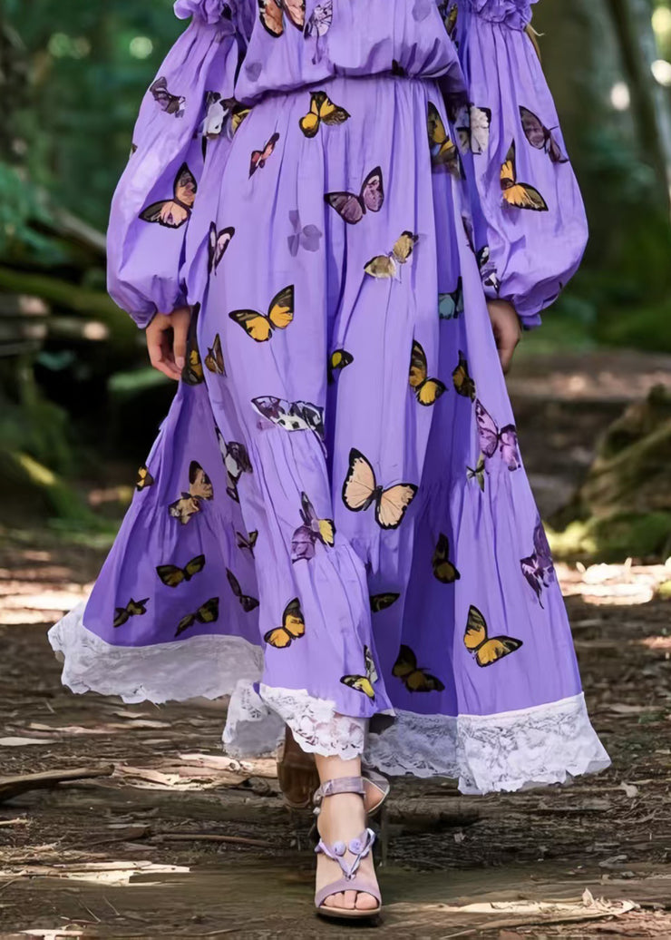 Unique Purple Backless Butterfly Print Cotton Party Dress Spring