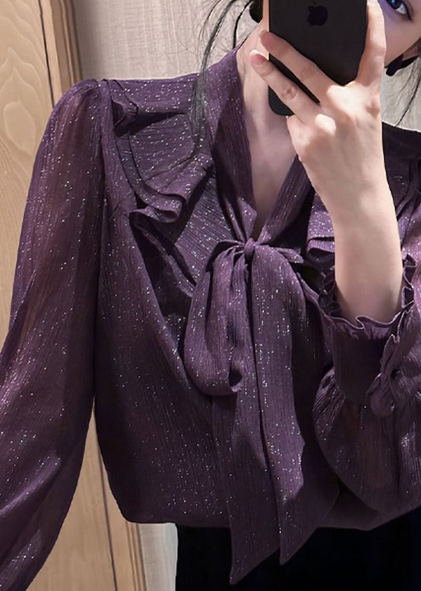 Unique Purple Bow Ruffled Solid Shirt Spring