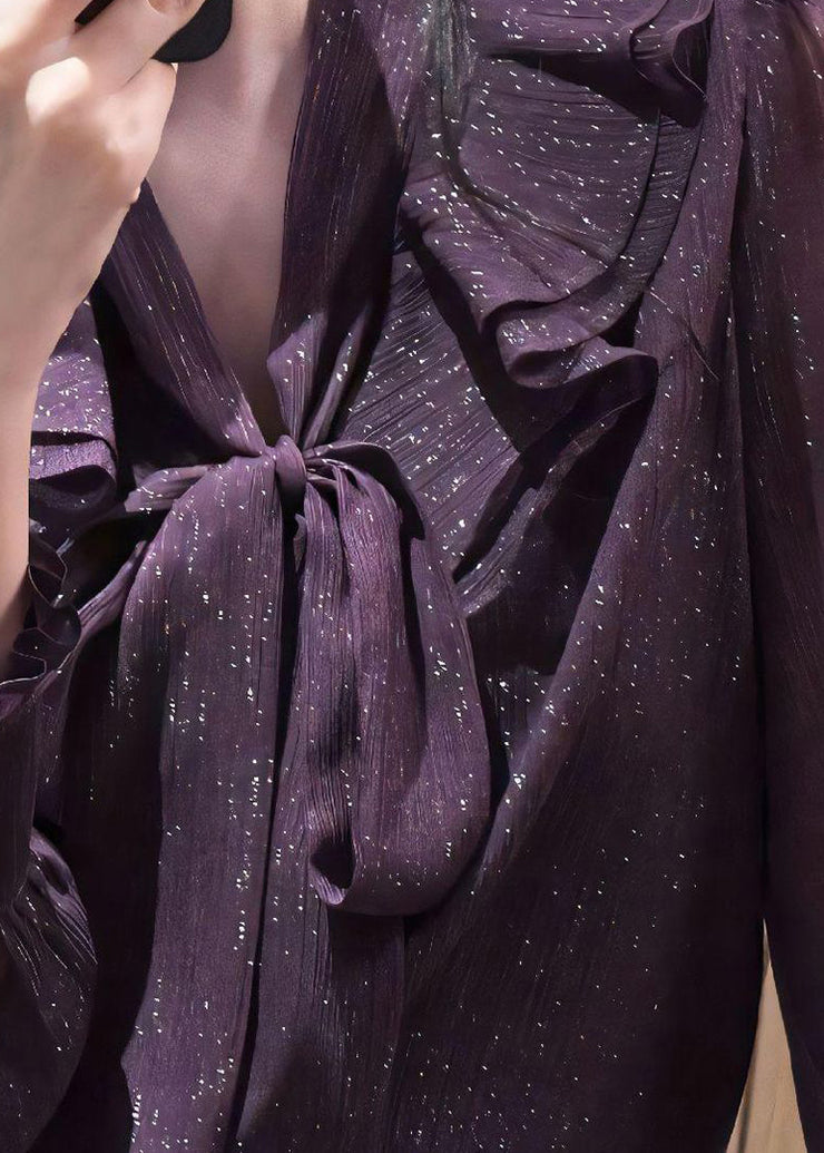 Unique Purple Bow Ruffled Solid Shirt Fall