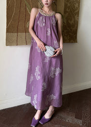 Unique Purple Embroidered Patchwork Silk Long Dress Sleeveless