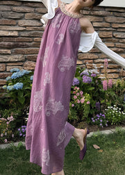 Unique Purple Embroidered Patchwork Silk Long Dress Sleeveless