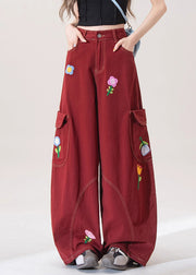 Unique Red Embroidered Pockets Denim Wide Leg Pants Fall