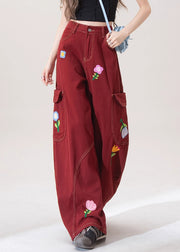 Unique Red Embroidered Pockets Denim Wide Leg Pants Fall