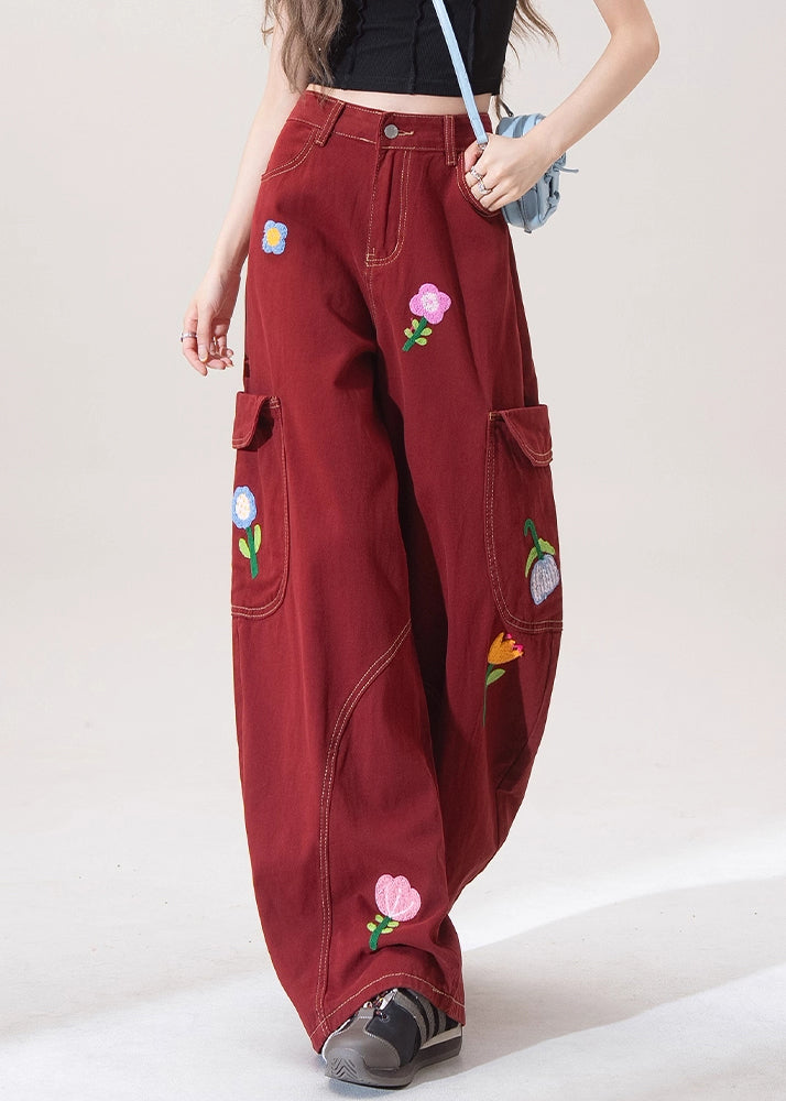Unique Red Embroidered Pockets Denim Wide Leg Pants Fall