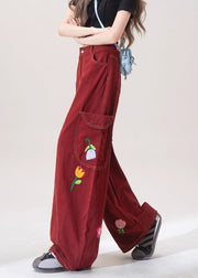 Unique Red Embroidered Pockets Denim Wide Leg Pants Fall