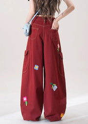Unique Red Embroidered Pockets Denim Wide Leg Pants Fall