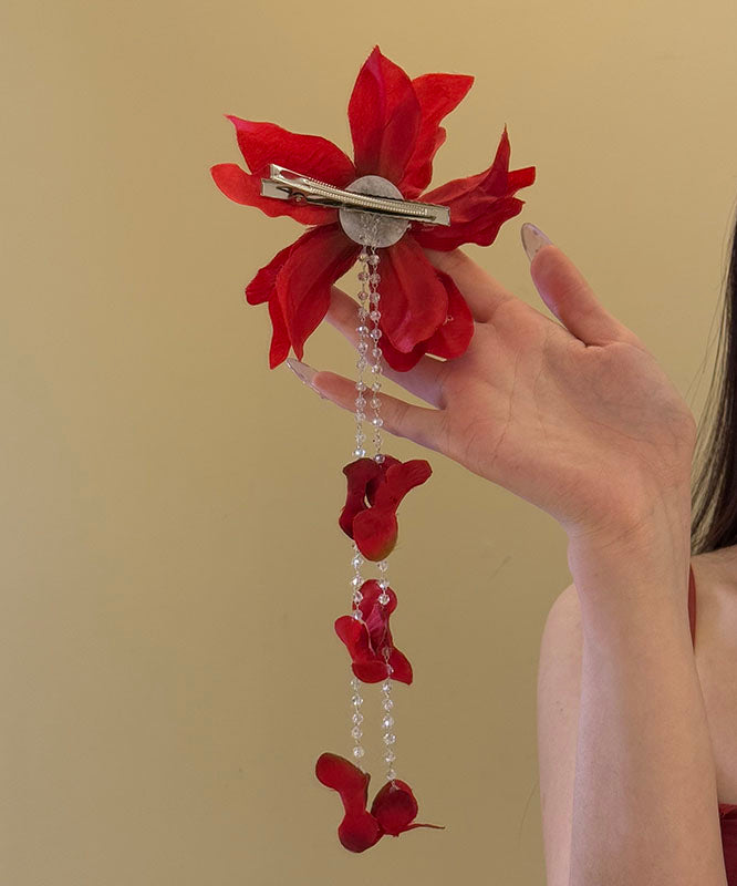 Unique Red Floral Seed Pearl Tassel Hairpin