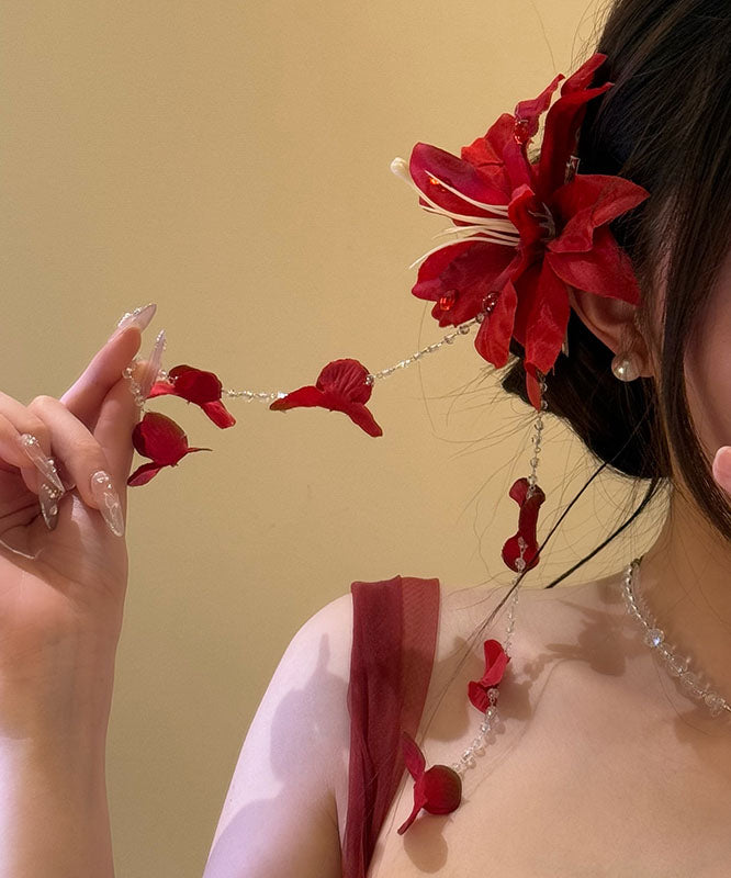Unique Red Floral Seed Pearl Tassel Hairpin