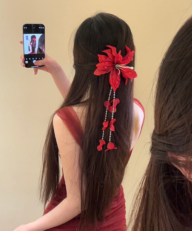 Unique Red Floral Seed Pearl Tassel Hairpin