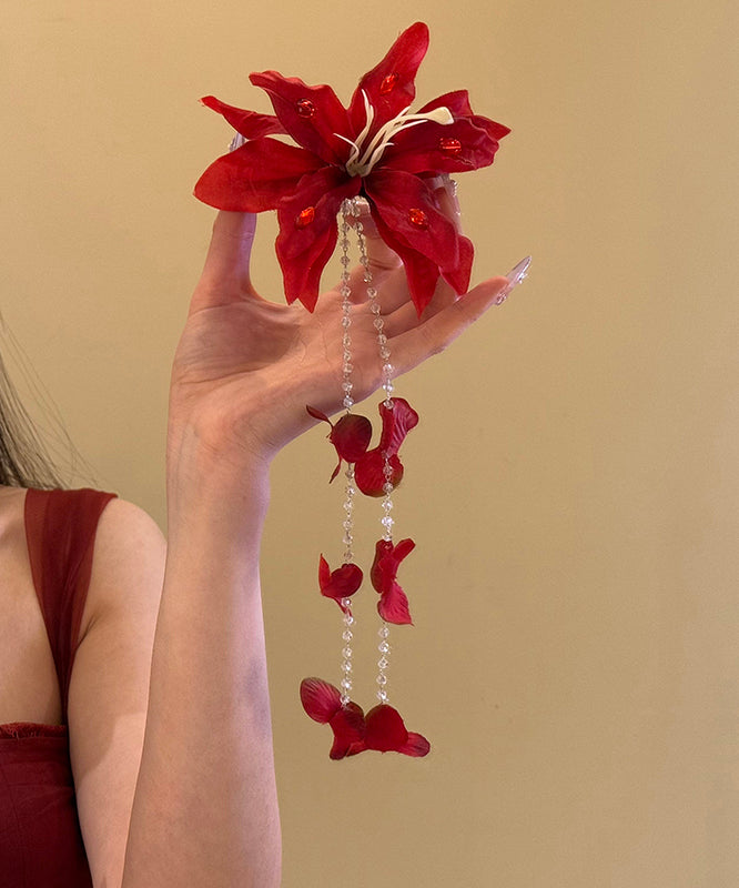Unique Red Floral Seed Pearl Tassel Hairpin