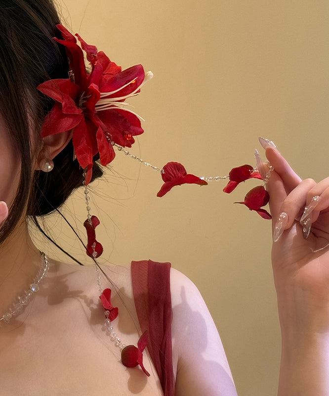Unique Red Floral Seed Pearl Tassel Hairpin