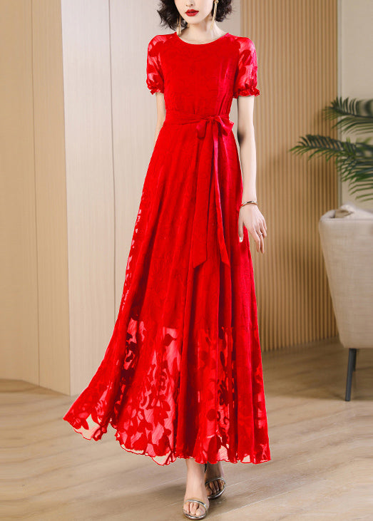 Unique Red O Neck Print Lace Up Chiffon Dress Summer