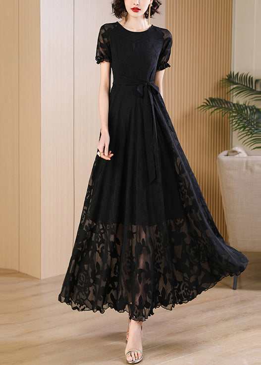 Unique Red O Neck Print Lace Up Chiffon Dress Summer