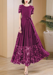 Unique Red O Neck Print Lace Up Chiffon Dress Summer