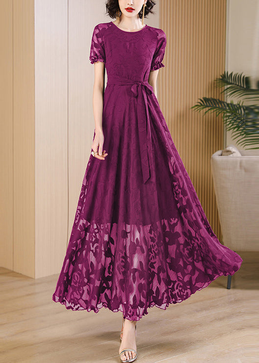 Unique Red O Neck Print Lace Up Chiffon Dress Summer
