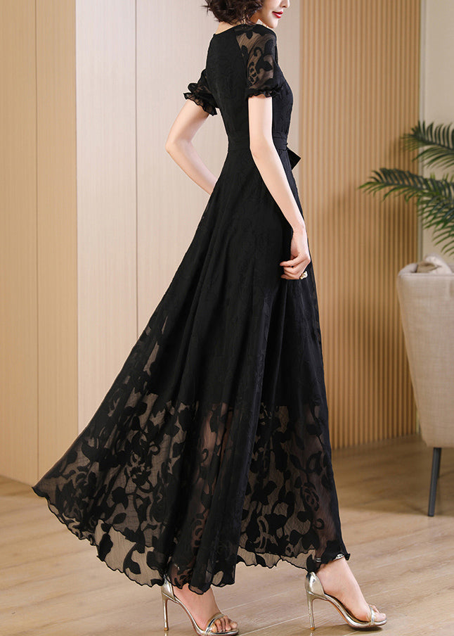 Unique Red O Neck Print Lace Up Chiffon Dress Summer