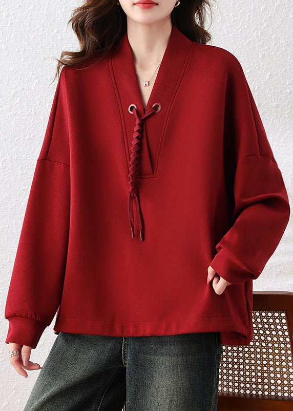 Unique Red Oversized Tasseled Cotton Pullover Sweatshirt Fall