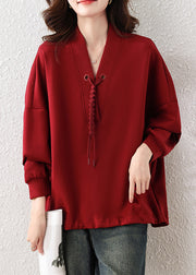 Unique Red Oversized Tasseled Cotton Pullover Sweatshirt Fall