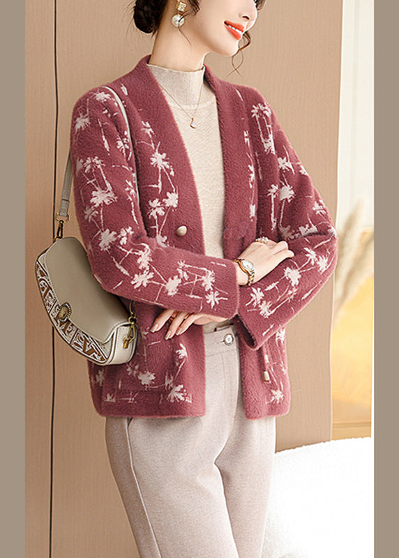 Unique Red V Neck Print Pockets Mink Hair Knitted Coat Fall