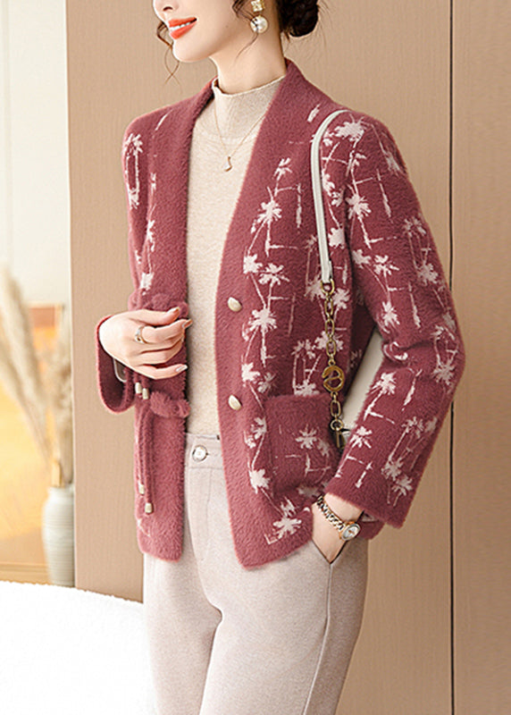 Unique Red V Neck Print Pockets Mink Hair Knitted Coat Fall