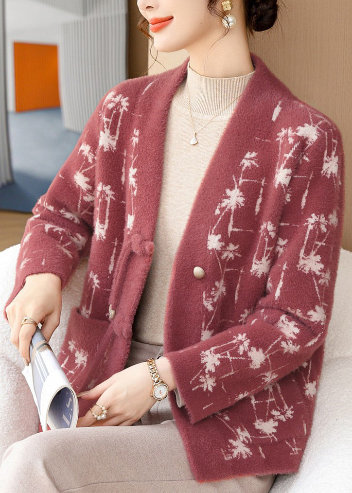 Unique Red V Neck Print Pockets Mink Hair Knitted Coat Fall