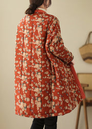 Unique Red V Neck Print Thick Cotton Filled Parka Winter