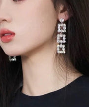 Unique Silk Copper Zircon Square Chain Drop Earrings