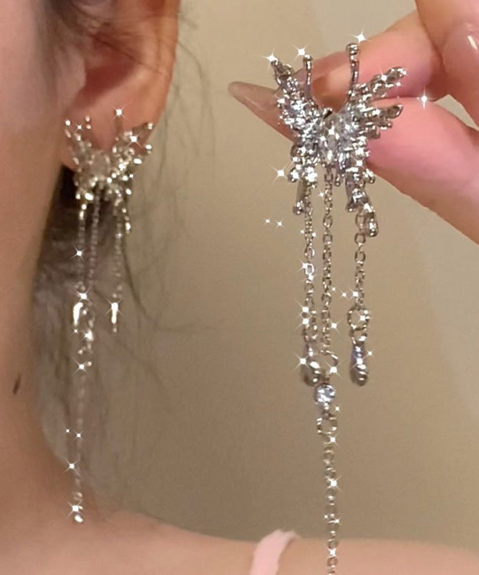 Unique Silk Metal Alloy Zircon Butterfly Tassel Drop Earrings