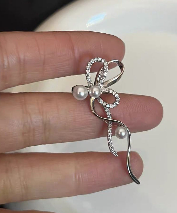 Unique Silk Metal Zircon Pearl Bow Ribbon Stud Earrings