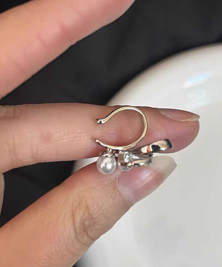 Unique Silk Metal Zircon Pearl Bow Ribbon Stud Earrings